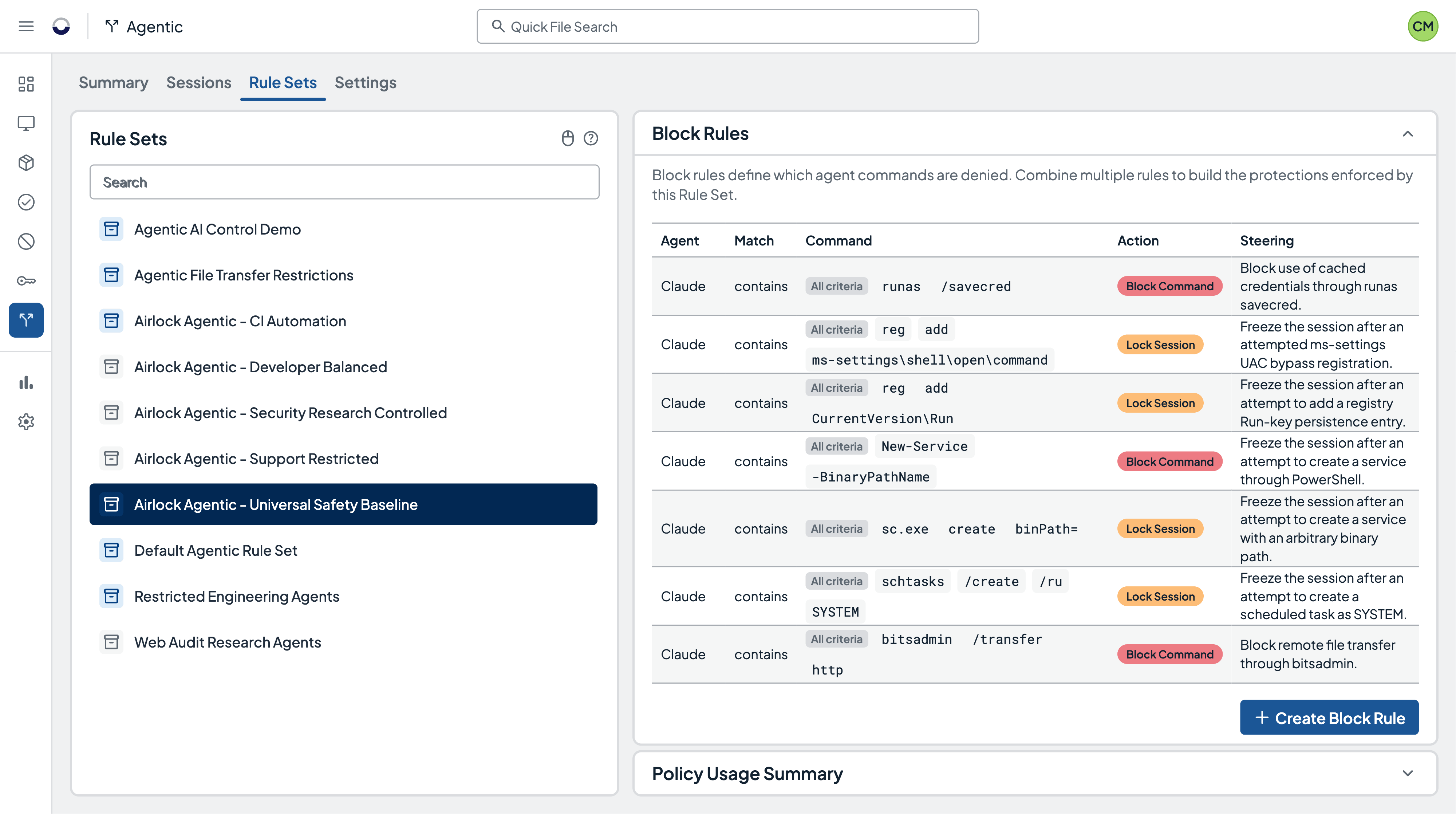 Agentic Control rule sets defining block rules for AI agent commands