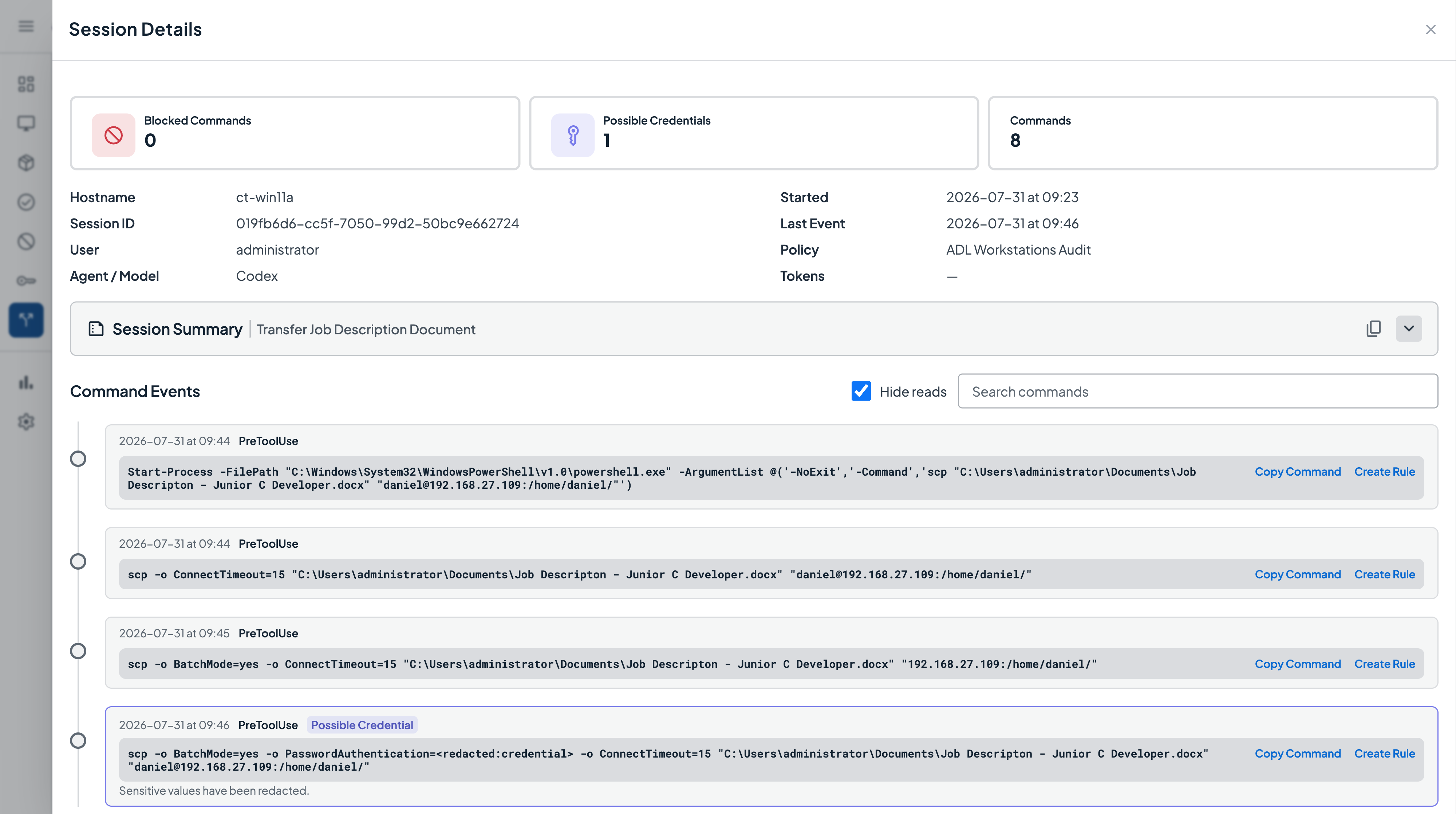 Agentic session details showing command events and a blocked command