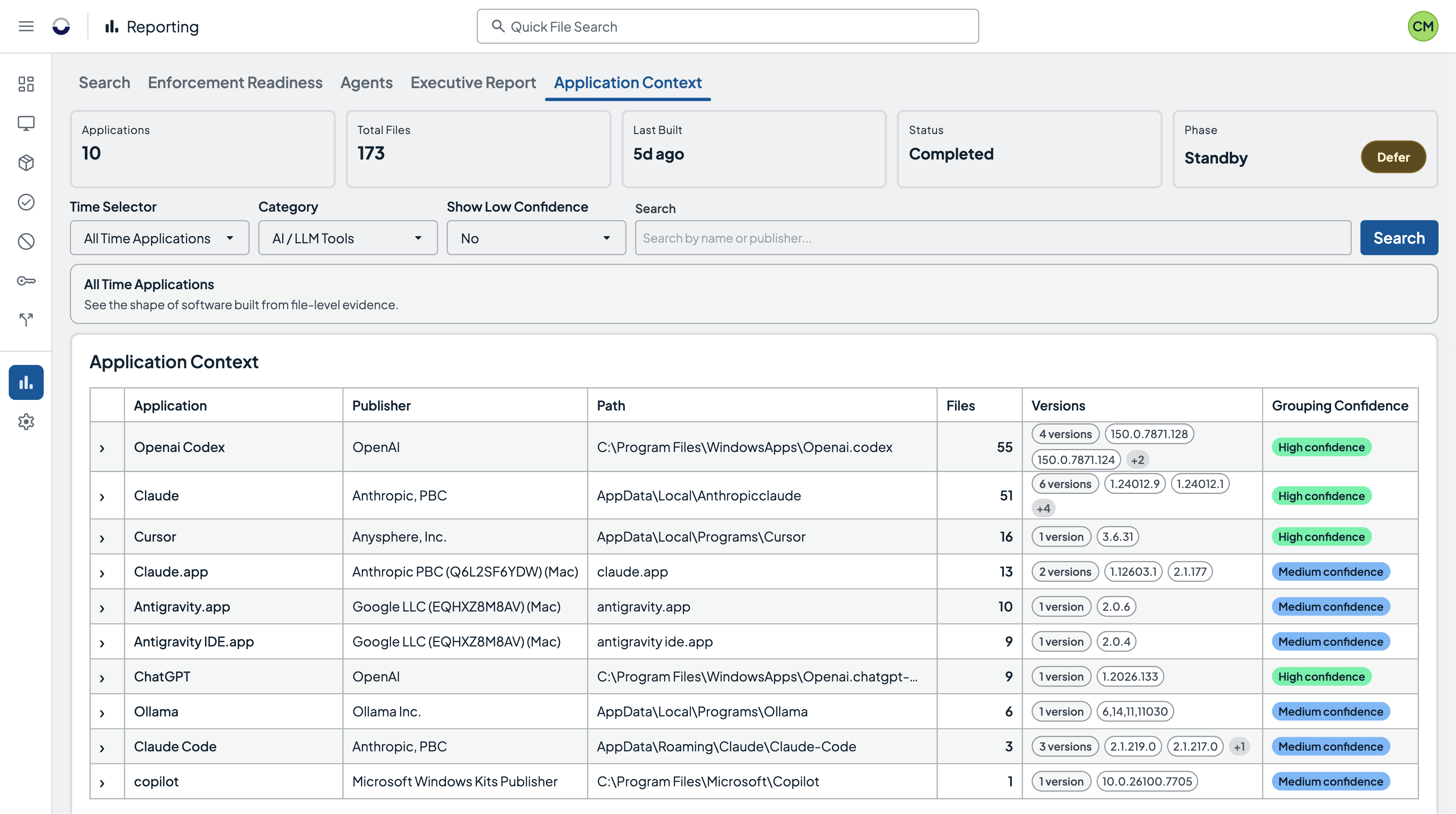 Application Context report showing discovered AI applications on endpoints